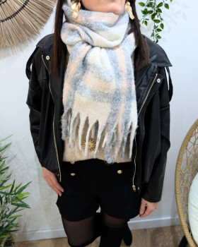 Echarpe beige à carreaux gris roses et franges