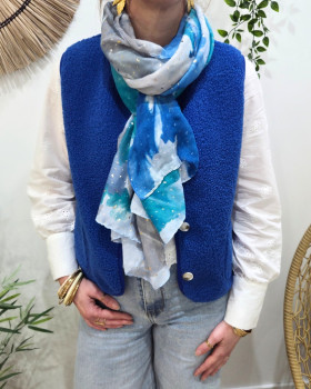 Foulard femme fleurs aquarelle et dorures-Bleu