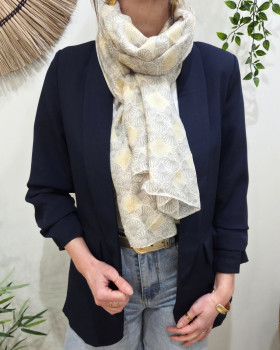 Foulard femme fleuri et dorures Belina-Ecru