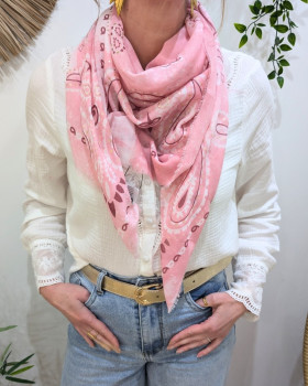 Foulard femme carré style bandana et dorures-Rose