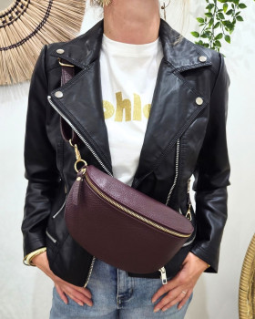 Sac banane femme cuir effet craquelé bandoulière-Rouge bordeaux