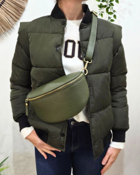 Sac banane femme cuir effet craquelé bandoulière-Kaki