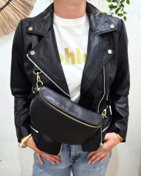 Sac banane femme cuir effet craquelé bandoulière-Noir