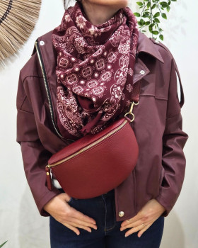Sac banane femme cuir effet craquelé bandoulière-Rouge bordeaux