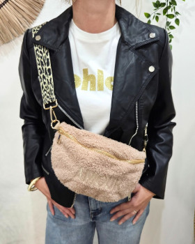 Sac banane femme moumoute broderie AMOUR sangle léopard dorée-Taupe