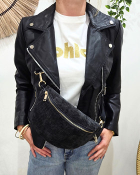 Sac banane femme velours chiné-Noir