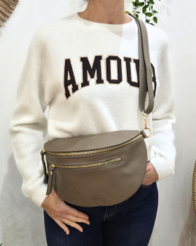 Sac banane cuir femme double zip Saphora-Taupe