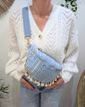 Sac banane femme coton broderies fleuries et coquillages-Bleu ciel