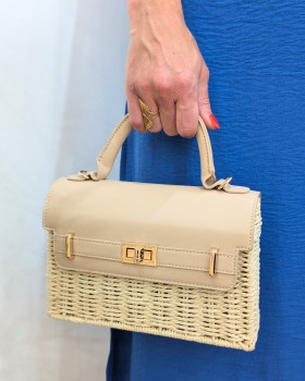 Sac à main et à bandoulière en paille beige rigide et simili cuir-Beige