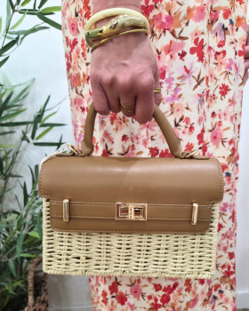 Sac à main et à bandoulière en paille beige rigide et simili cuir-Camel