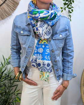 Foulard femme patchwork imprimés fleuris-Bleu