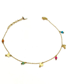 Chaine de cheville acier doré coquillages et perles multicolores
