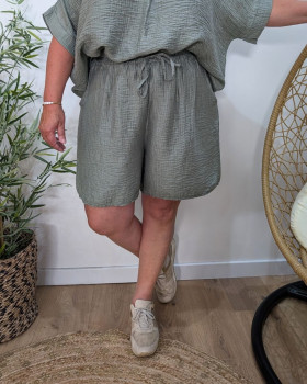 Short élastiqué grande taille tencel gaufré-Kaki