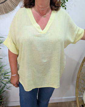 Blouse femme grande taille unie coton lin-Jaune