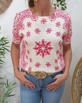 Blouse femme maille écrue à motifs Nyméa-Rose fuchsia