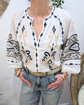 Blouse femme écru manches longues broderies marine et doré