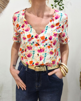 Blouse femme manches courtes écrue imprimés fleuris oranges fuchsia multicolores