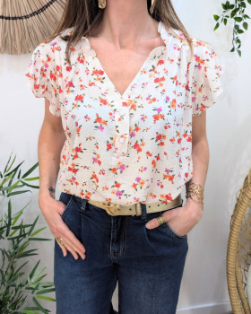 Blouse femme écrue fleurs orange et rouge Fiammetta