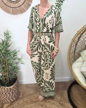 Combinaison femme écrue et verte manches volantes Esra