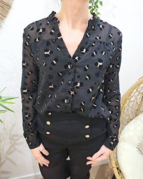 Chemisier femme noir motif leopard velours doré