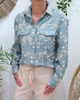 Chemisier femme bleu jean à carreaux fleuris brodés beiges