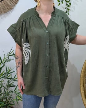 Chemisier femme oversize coton gaze broderies palmiers-Kaki