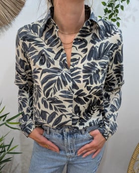 Chemisier femme écru  feuillages bleus