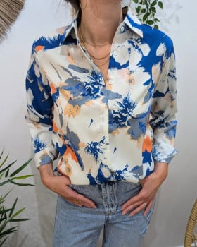 Chemisier femme bleu blanc corail fleuri Liana
