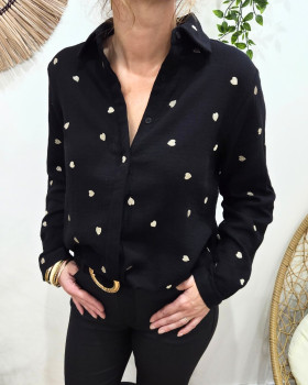 Chemisier coton gaz noir coeurs dorés