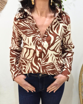 Chemisier femme terracotta et beige feuillages Norina