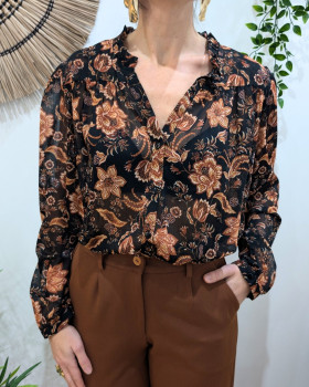 Chemisier femme noir fleurs terracottas Jasmina