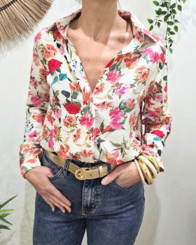 Chemisier femme écru fleurs roses orangées Aurelia