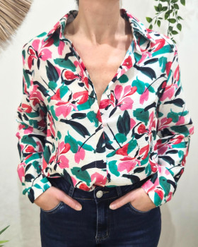 Chemisier femme écru fleurs roses et vertes Catalina