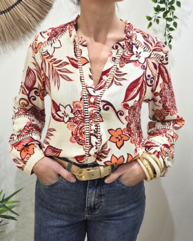 Chemisier femme écru fleurs rouges orangées Faustina