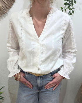 Chemisier femme blanc broderies fleuries ajourées Leonora