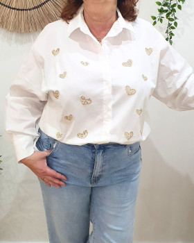 Chemisier femme oversize broderie coeur et sequins dorés-Blanc