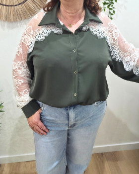 Chemisier femme fluide manches dentelle-Kaki