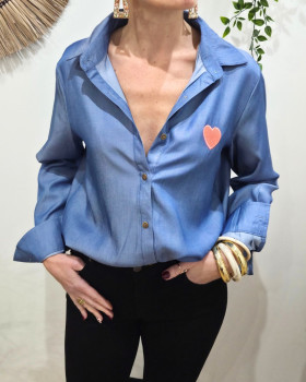 Chemisier femme coton bleu jean coeur rose fluo