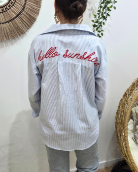 Chemise femme rayé bleu et blanche broderie dos Hello sunshine rouge