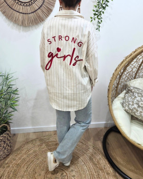 Chemise femme rayée beige et taupe broderie Strong Girls rouge