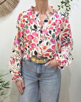 Chemisier femme écru fleurs roses manches brodées Solvi