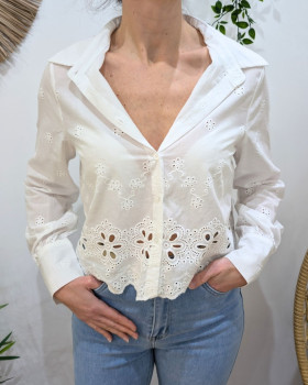 Chemisier femme court écru broderies fleuries Electra