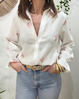 Chemisier femme coton gaze écru fleurs brodées roses Elara