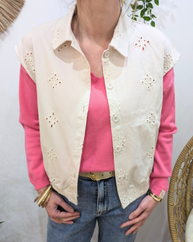 Chemise coton femme sans manches ajourée beige Gia