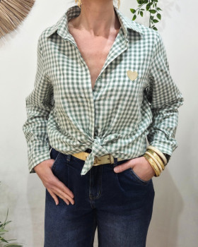 Chemisier femme à carreaux vichy vert et blanc coeur brodé doré