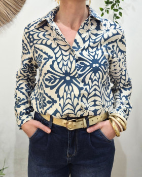 Chemisier femme beige et bleu jean Siloé