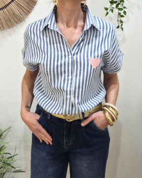 Chemisier femme rayé bleu et écru manches courtes coeur brodé rose