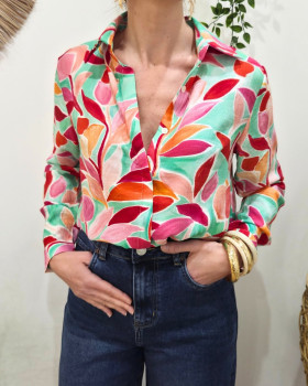 Chemisier femme vert d'eau feuillages roses orangés