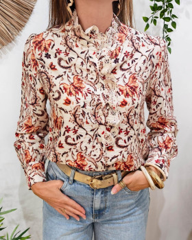 Chemisier femme beige fleurs orangées col brodé beige Alice