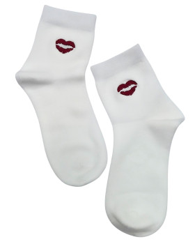 Chaussettes femme blanches broderie lèvres rouges